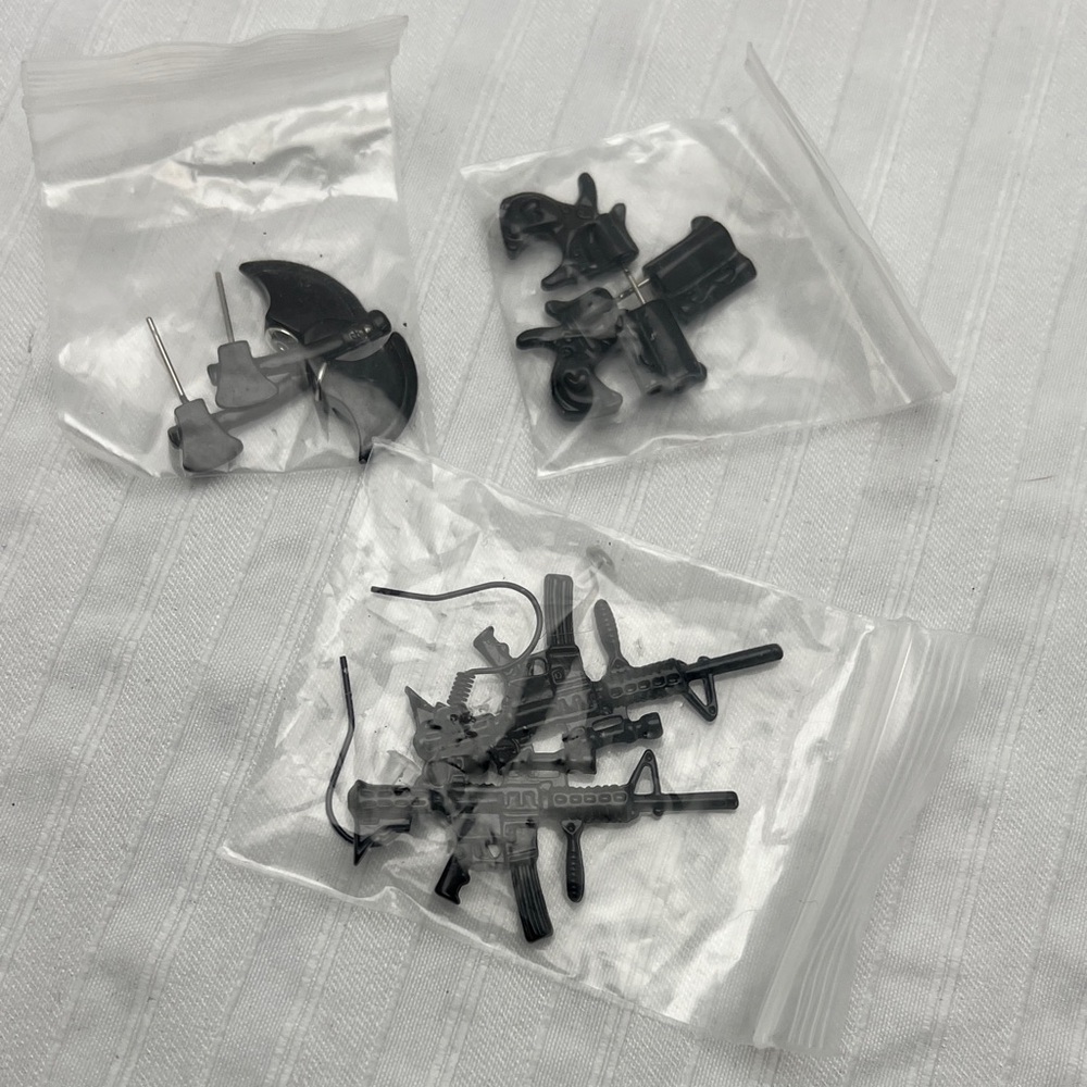 Black Novelty Charm Earrings - Pistol, Guns & Hatchet Earrings 3 Pair